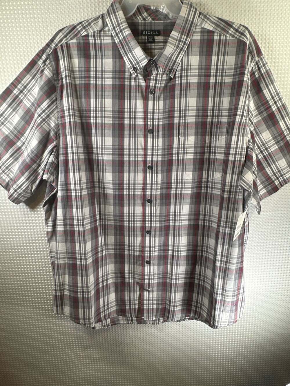 George Big Men's Short Sleeve Plaid Button Down Shirt Grey Flannel Combo
